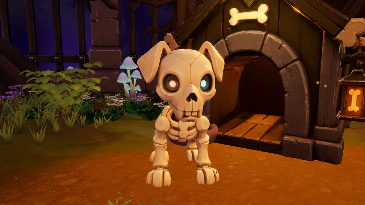 Whiskey the skeleton dog outside his kennel, with his own right eye amber and left eye blue.