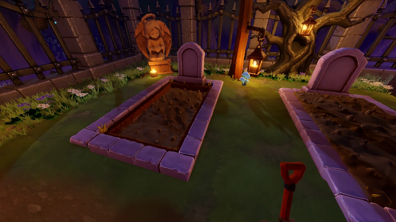 First-person shovel beside open graves under warm lantern light.