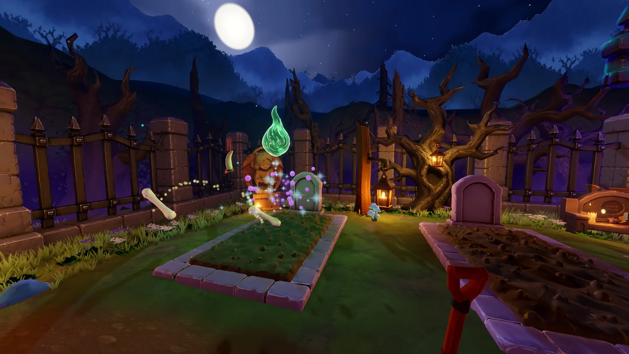 A glowing Soul and colorful rewards rising from a completed grave under the moon.