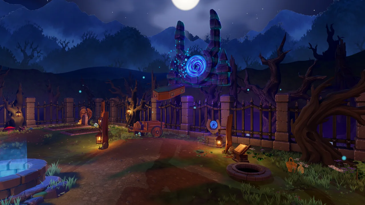 A floating coffin arriving from a blue magical portal above a stone cemetery gate.
