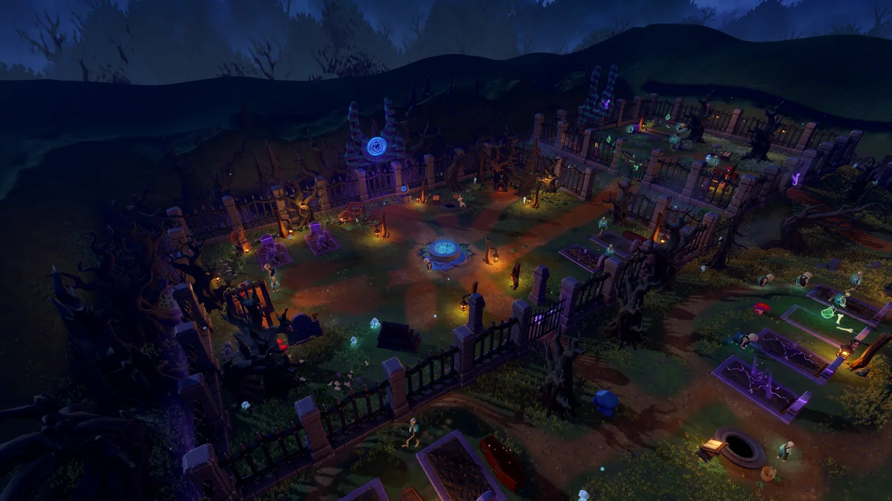 Wide view of the moonlit cemetery, its working grave plots, magical stations and surrounding hills.